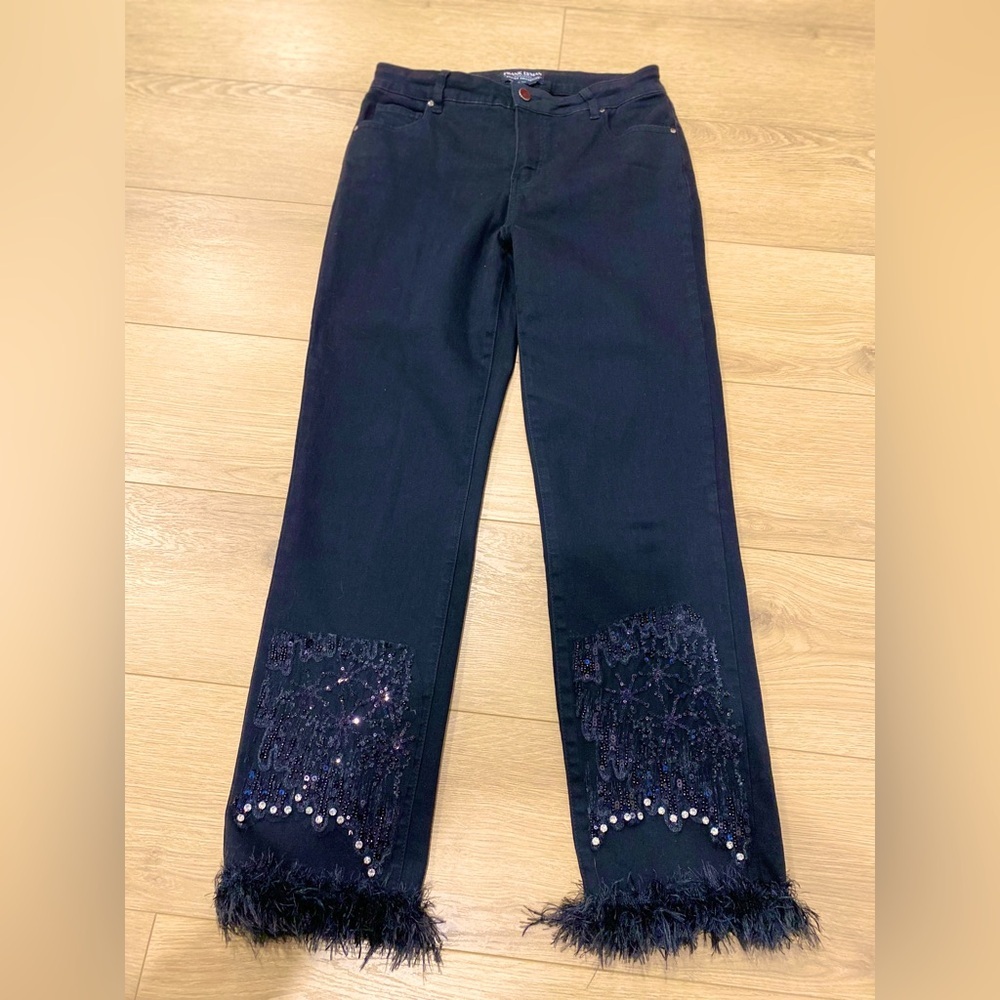 Frank Lyman Montreal black  jeans w beading & embroidery at hem and with fringe